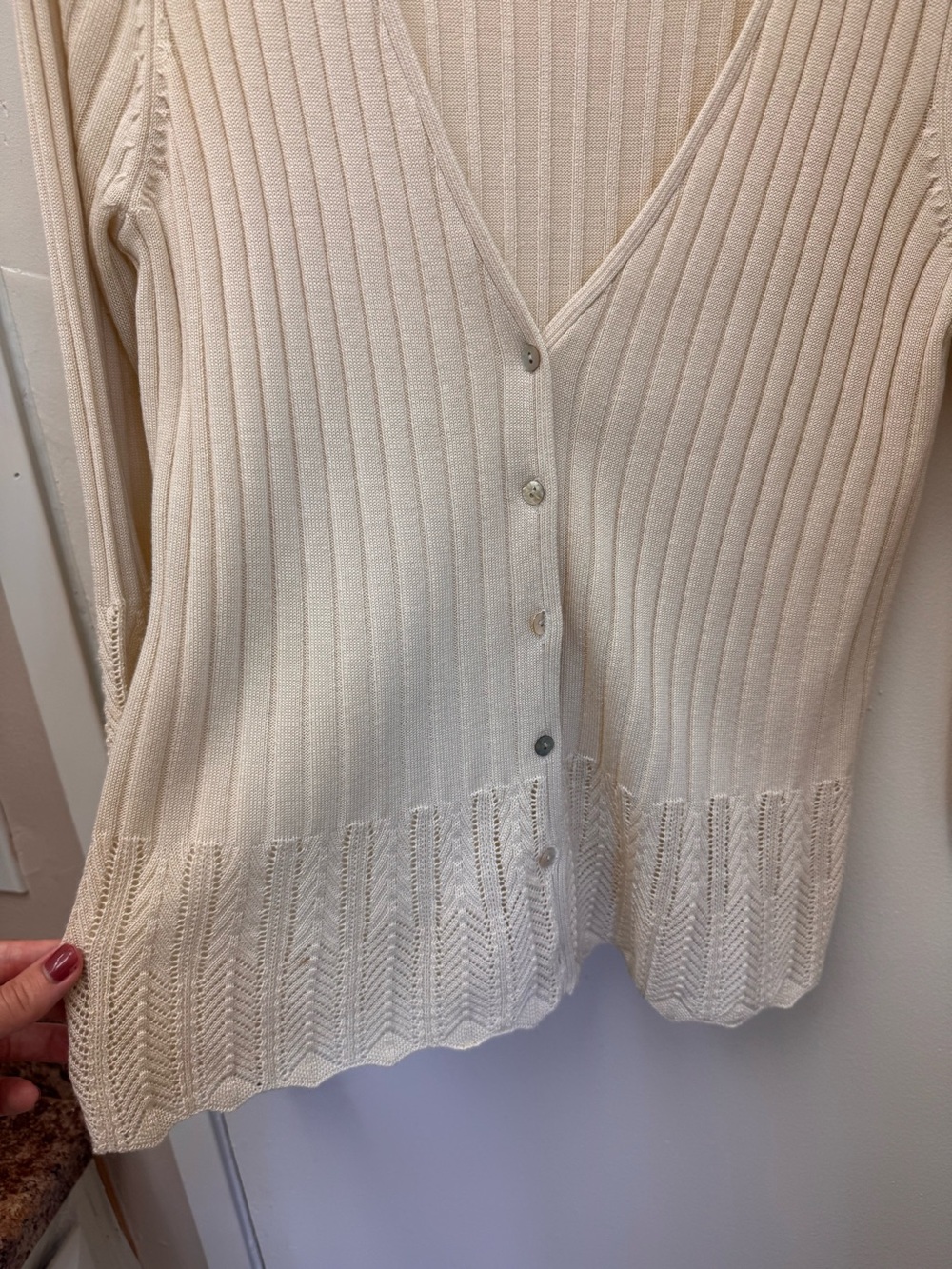Cream Ribbed Button-Front Cardigan - Picture 3 of 7